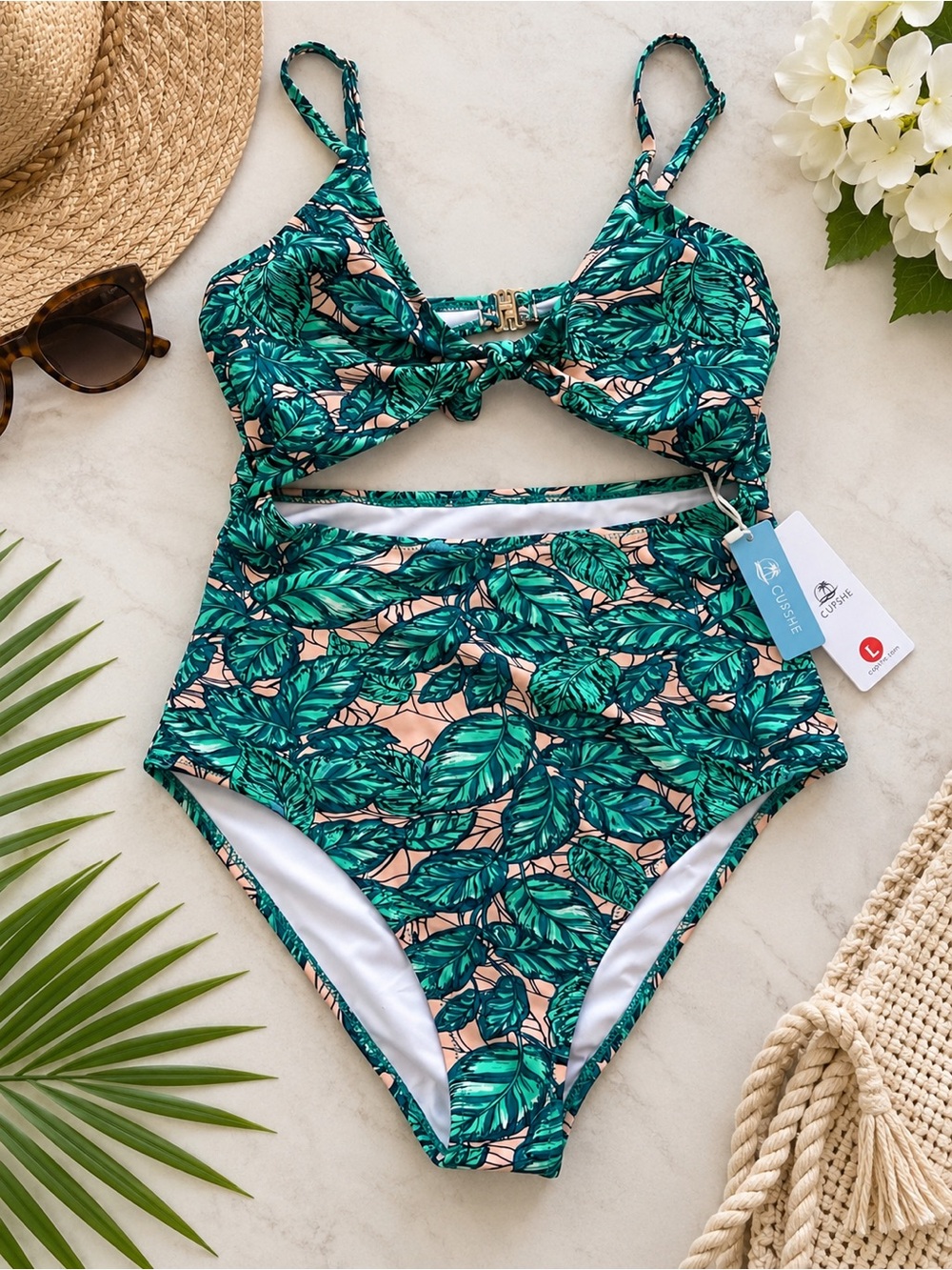 CUPSHE NWT Tropical Leaf Print Cutout One Piece Swimsuit Green Peach High Cut L